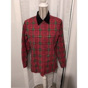 Vtg. 90's Basic Editions Holiday Christmas Shirt Red Plaid Velour Black Collar S